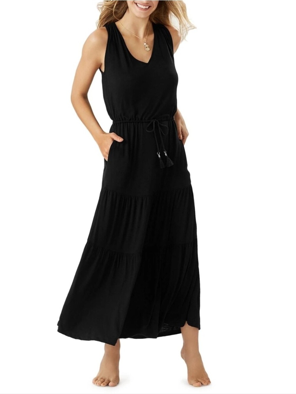Tommy Bahama Womens Double V-Neck Long Tiered Maxi Dress Pockets